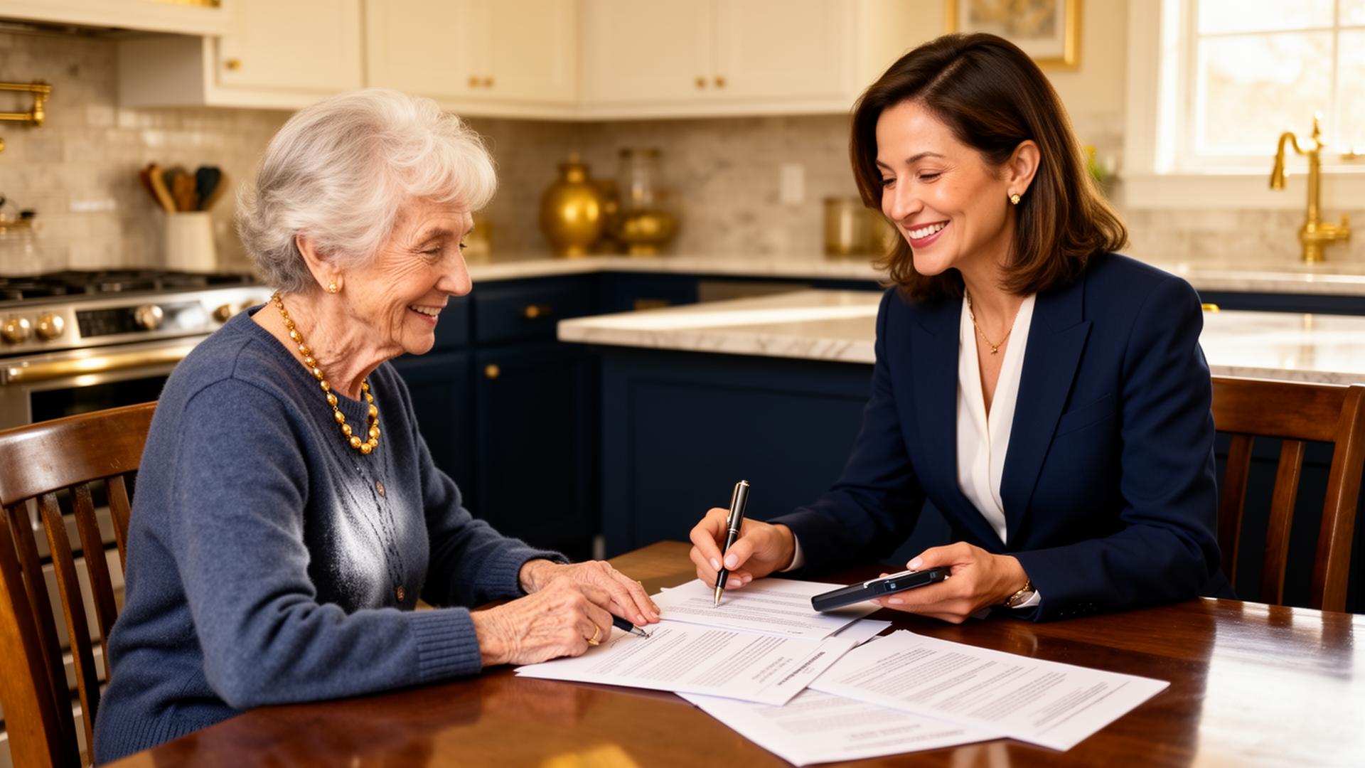 Mobile notary helping a client sign documents at a kitchen table in Conroe, TX