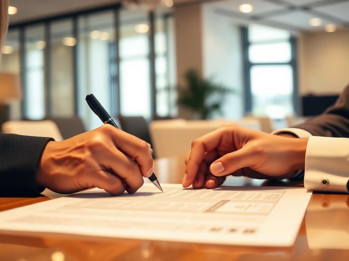 Client signing real estate documents in an office