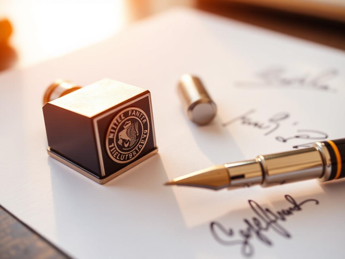 Notary stamp and pen on signed documents